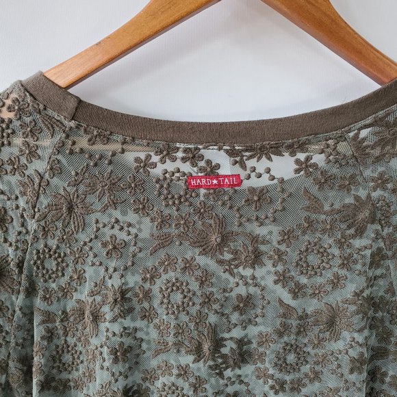 Hard Tail Sheer Lace Raglan Pullover, Army Green Top, USA, Floral $145 - Picture 11 of 11